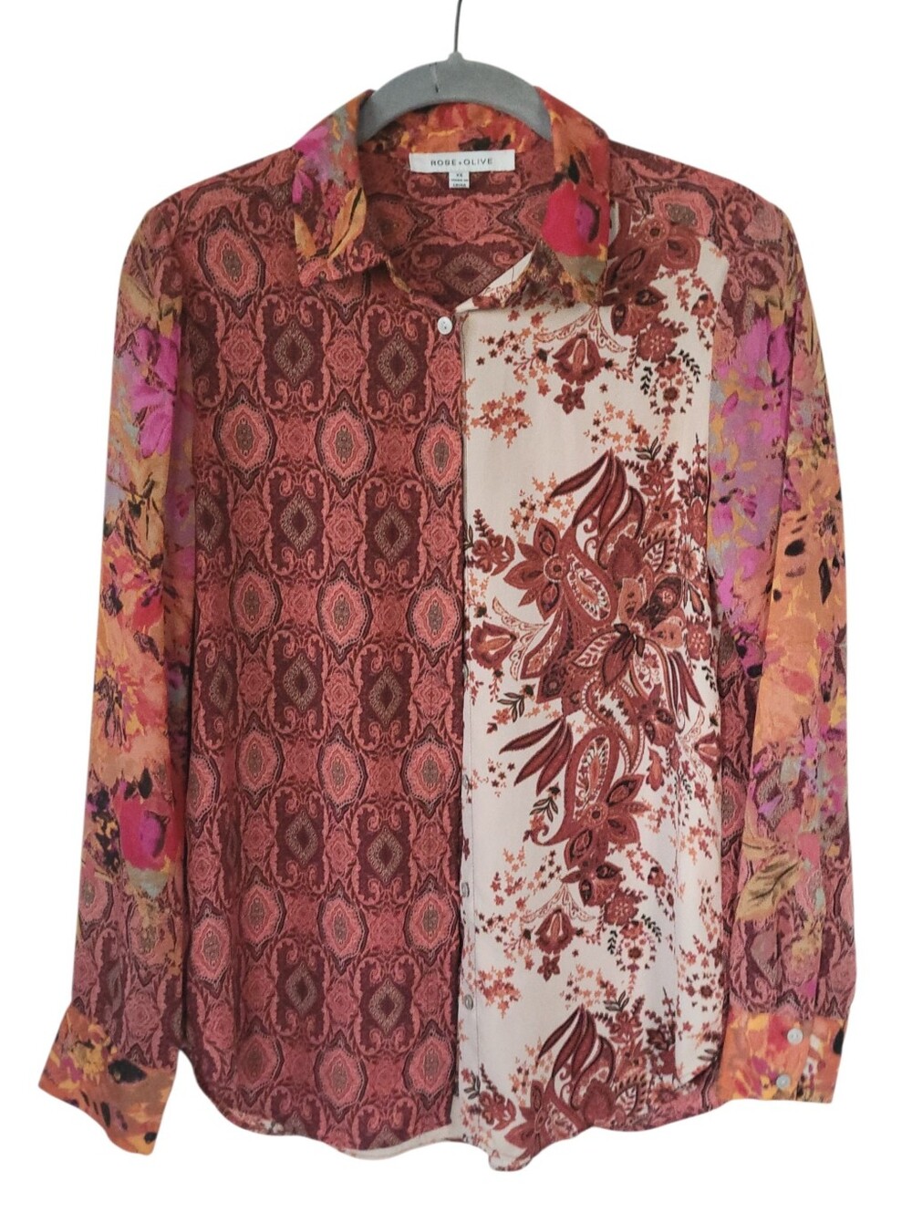 Rose + Olive XS Paisley Patchwork Blouse Boho 70s Eclectic Semi Sheer Button Up